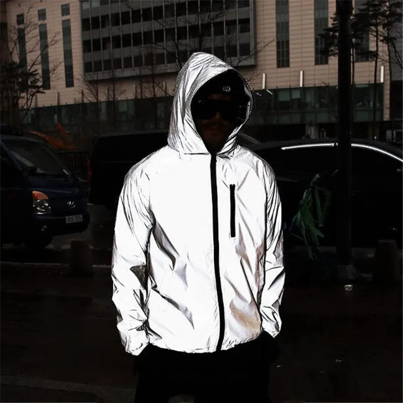 Men's Reflective Hooded Jacket with Zipper Detail